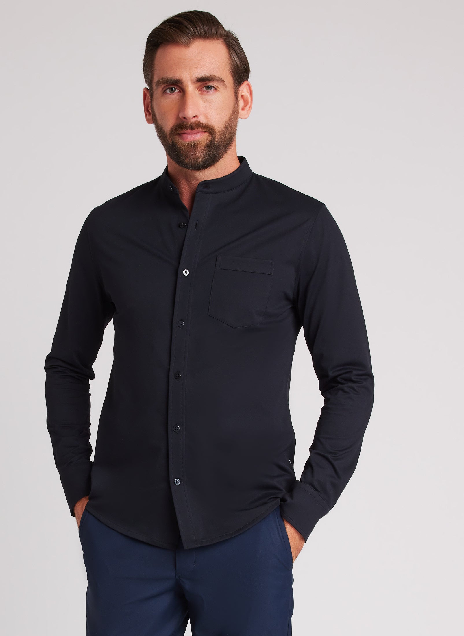 Mens collarless button clearance down shirts