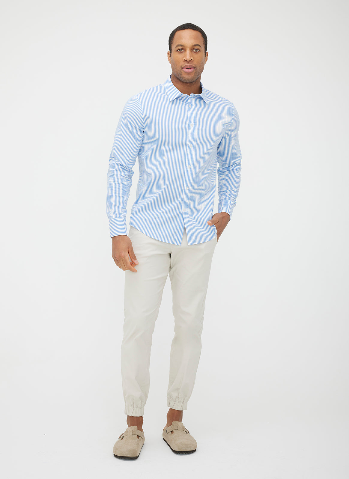 Stay Cool Poplin Long Sleeve Shirt ?? Model:: Emerson | M || Blue/Bright White Stripe