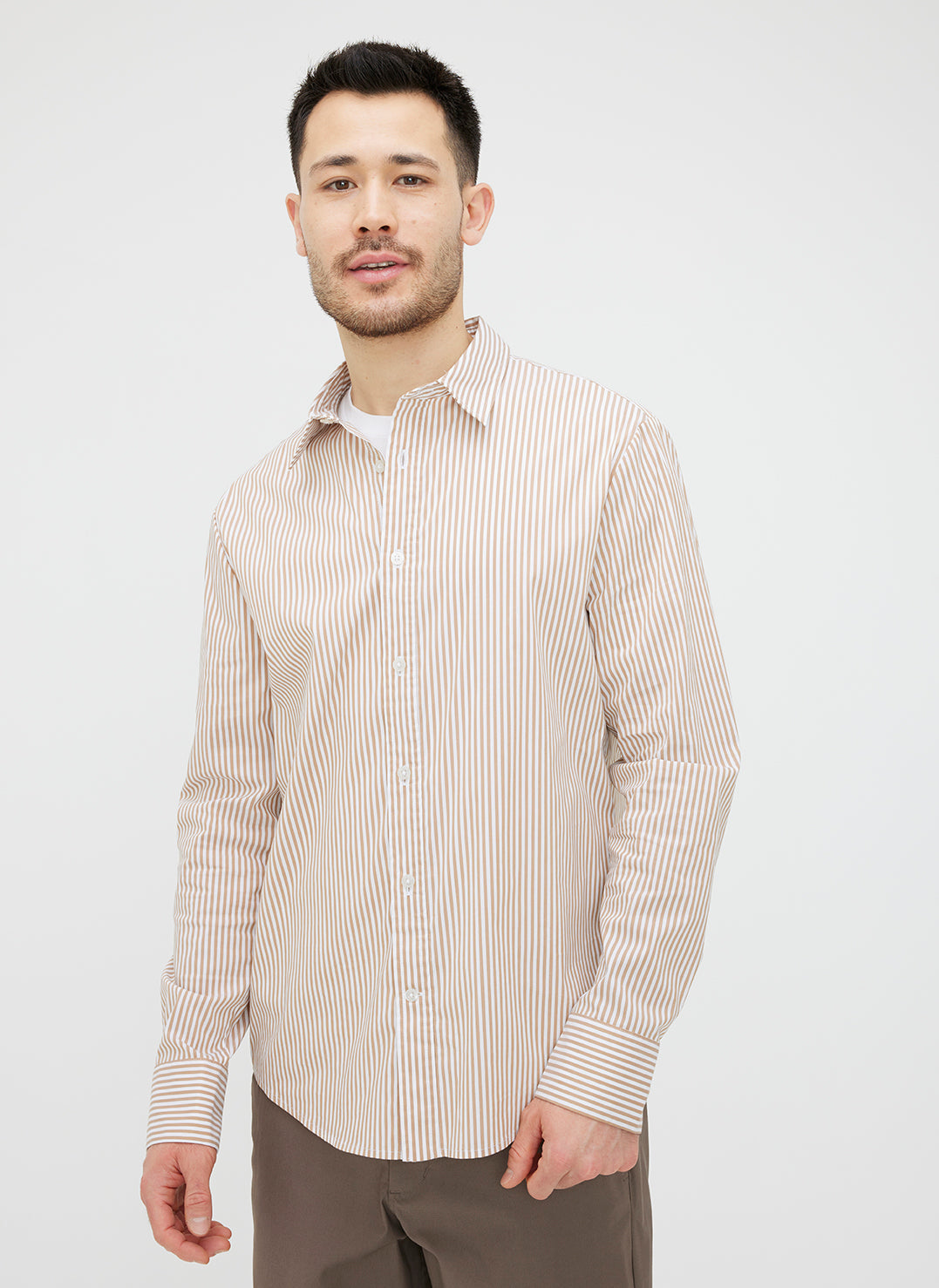 Stay Cool Poplin Long Sleeve Shirt ?? Model:: Emerson | M || Bone Brown/Bright White Stripe